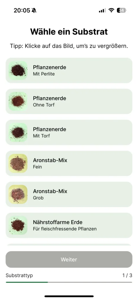 Screenshot Fyta App mit Übersicht Substratwahl.
