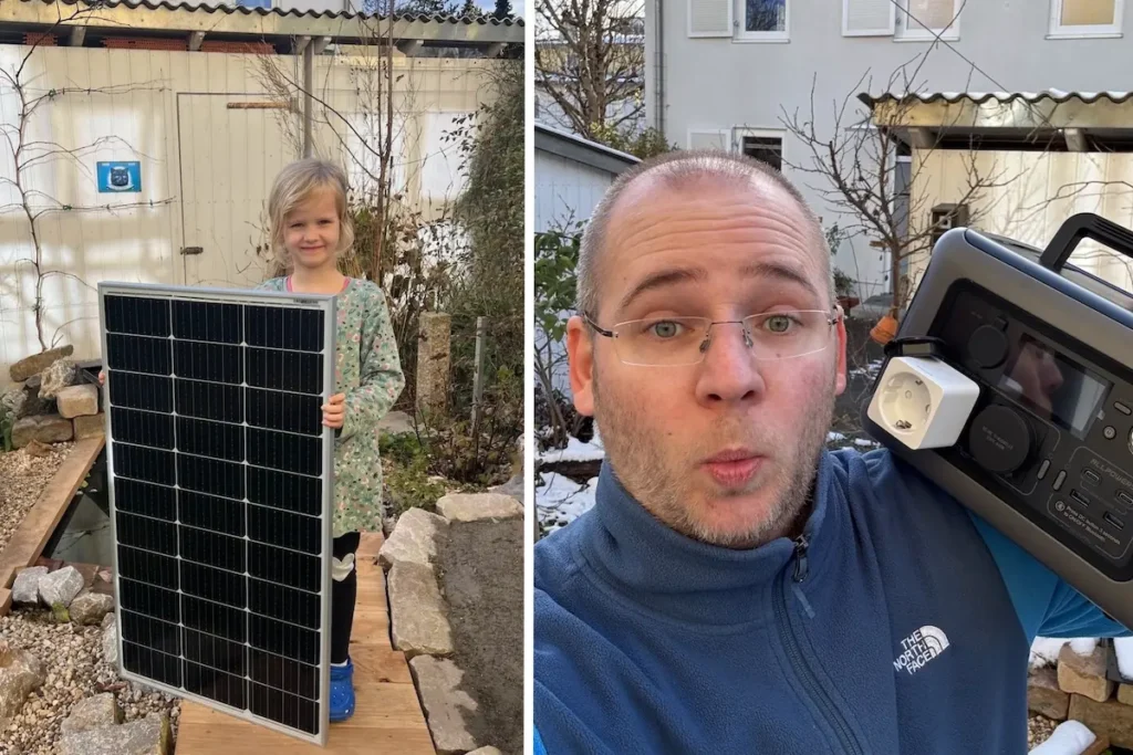 Mann mit einem Solar-Stromspeicher auf der Schulter und Mädchen, das Solarzelle hält